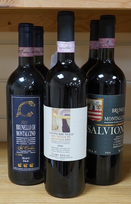 Two bottles of Brunello Di Montalcino Salvioni 2001, two bottles of Brunello Di Montalcino M Colle 2001 and a bottle of Gianni Brunelli Brunello Di Montalcino 2006. Condition - storage unknown